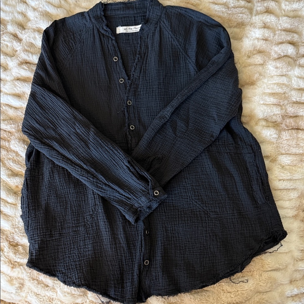 We The Free Black Cotton Gauze Swim Coverup Shirt
